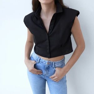 ZARA BLACK POPLIN SHIRT WITH SHOULDER PADS